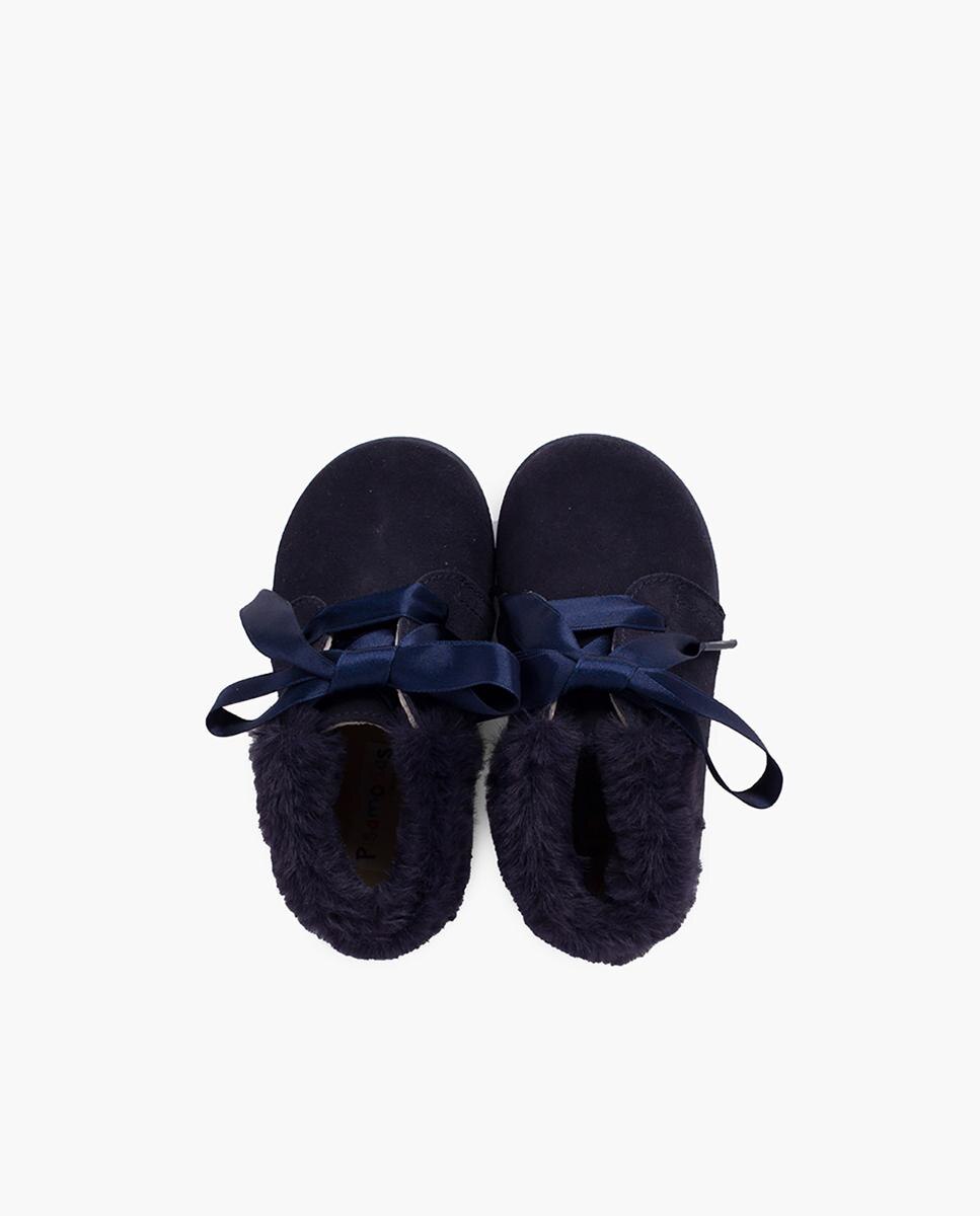 Botas de bebé niña en piel serraje con collarín de pelito - Pisamonas - Azul marino Azul marino-5