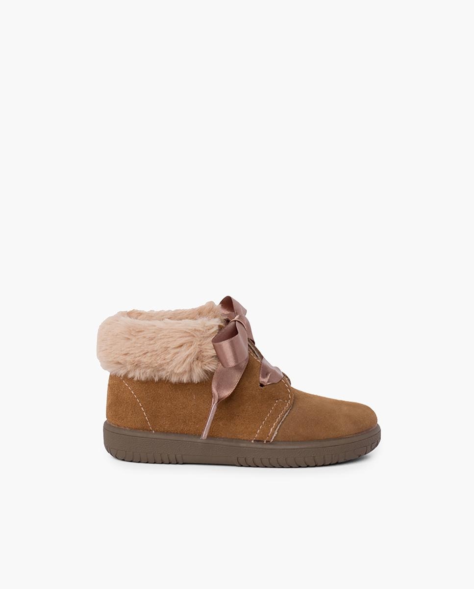 Botas de bebé niña en piel serraje con collarín de pelito - Pisamonas - Topo Topo-1