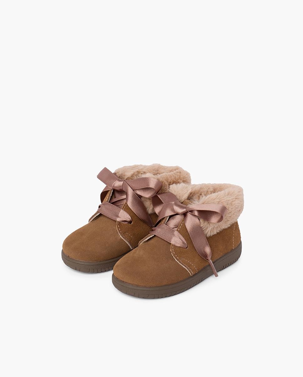 Botas de bebé niña en piel serraje con collarín de pelito - Pisamonas - Topo Topo-4