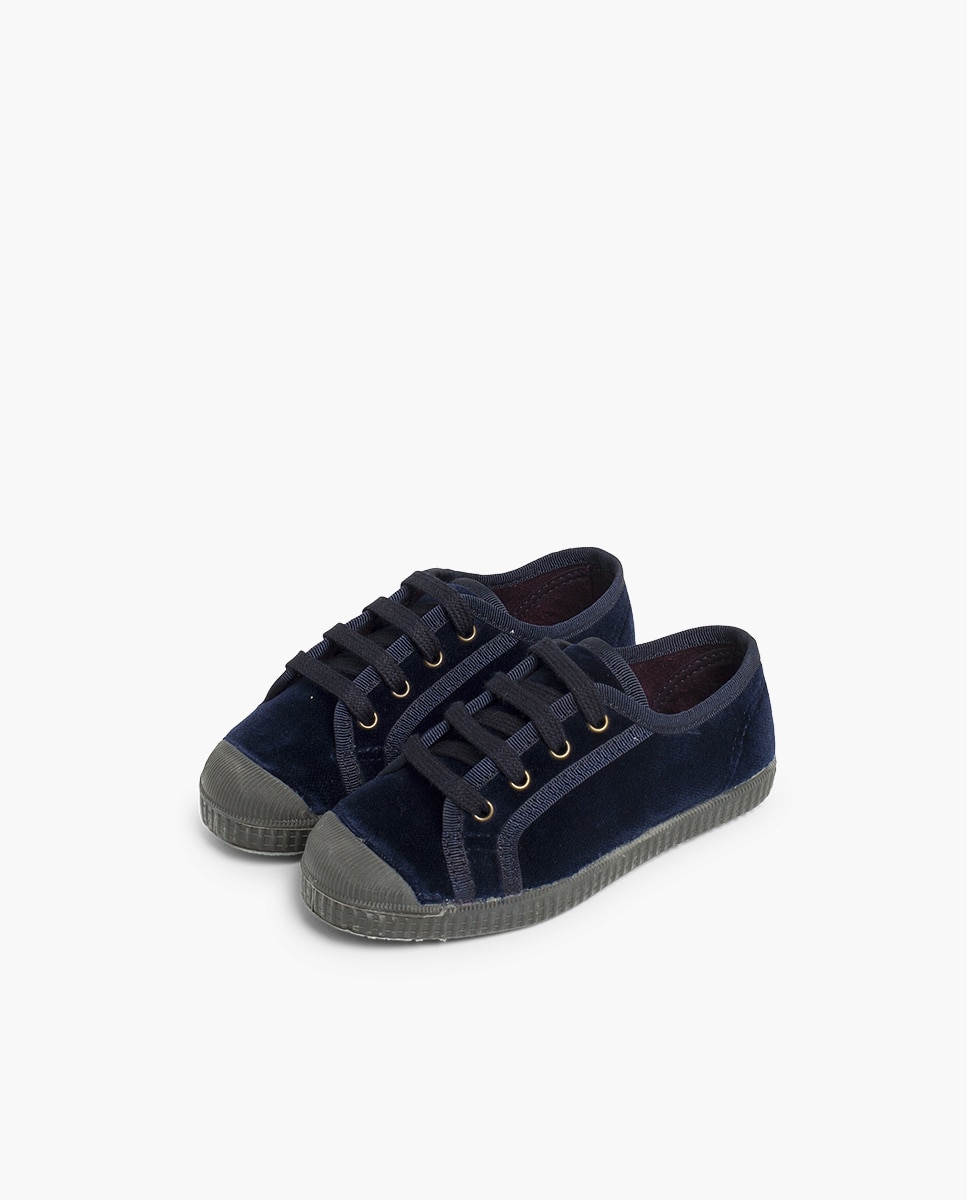 Zapatillas terciopelo de bebé niño con cordones - Pisamonas - Azul marino Azul marino-3
