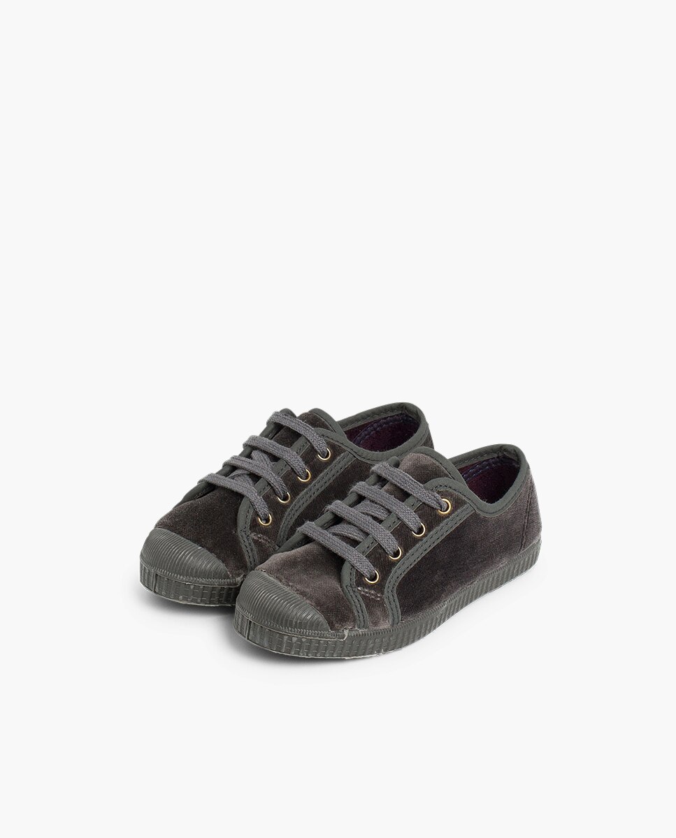 Zapatillas terciopelo de bebé niño con cordones - Pisamonas - Gris Gris-3