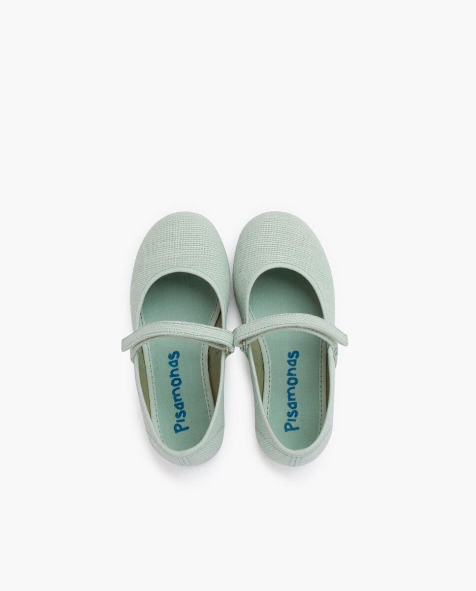 Merceditas de niña de lino cinta adherente - Pisamonas - Azul celeste Azul celeste-4