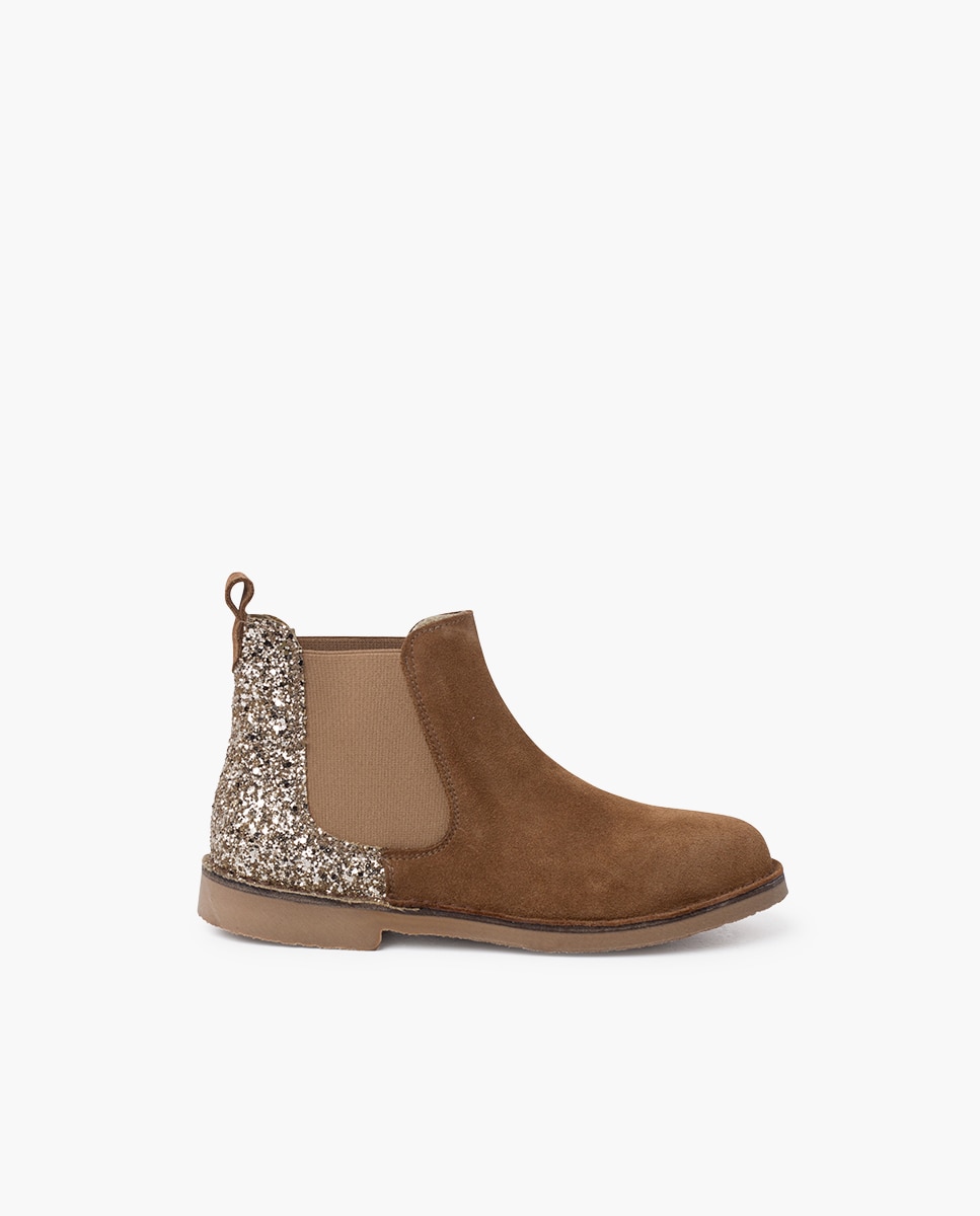 Botas de niña serraje con talonera glitter - Pisamonas - Marrón claro Marrón claro-1