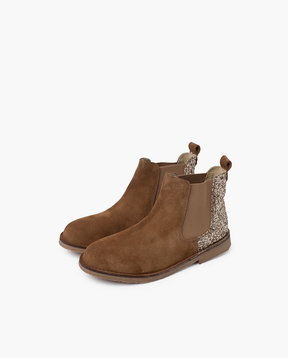 Botas de niña serraje con talonera glitter - Pisamonas - Marrón claro Marrón claro-3
