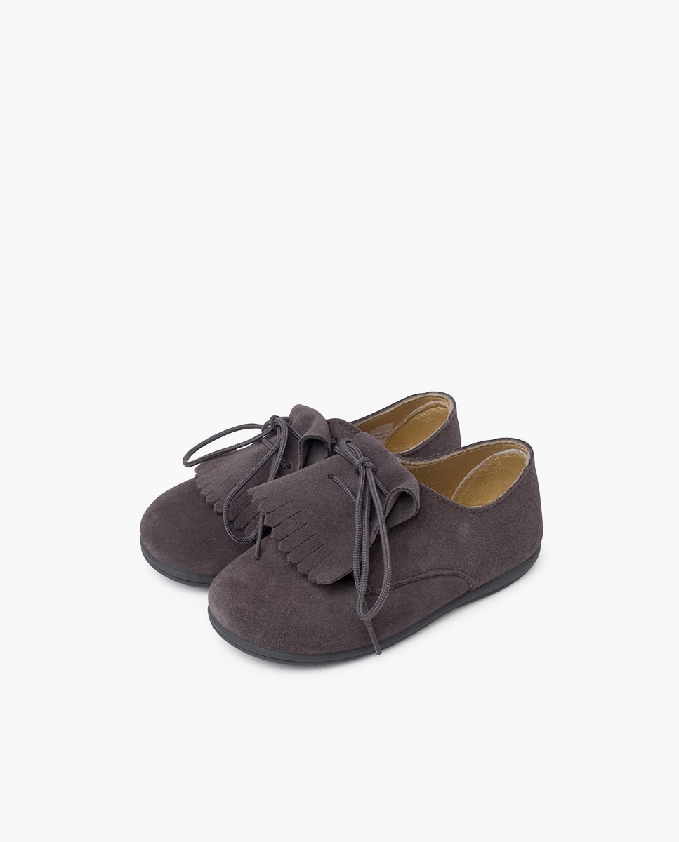 Zapatos de cordones de niños de serraje con lengüeta de flecos - Pisamonas - Gris Gris-3