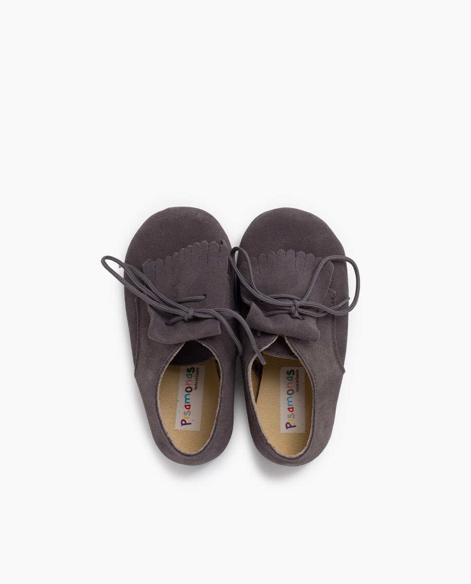Zapatos de cordones de niños de serraje con lengüeta de flecos - Pisamonas - Gris Gris-4
