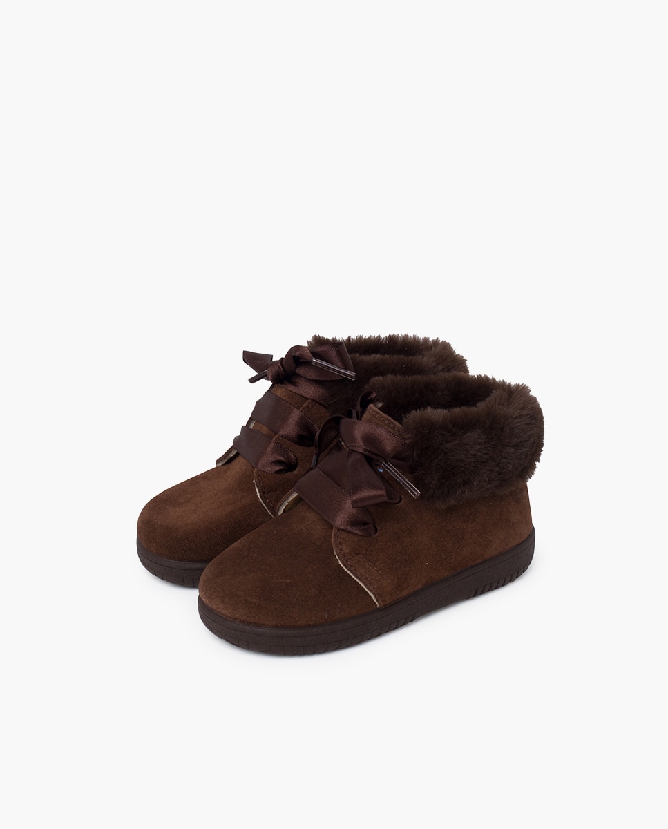 Botas de bebé niña en piel serraje con collarín de pelito - Pisamonas - Marrón oscuro Marrón oscuro-3