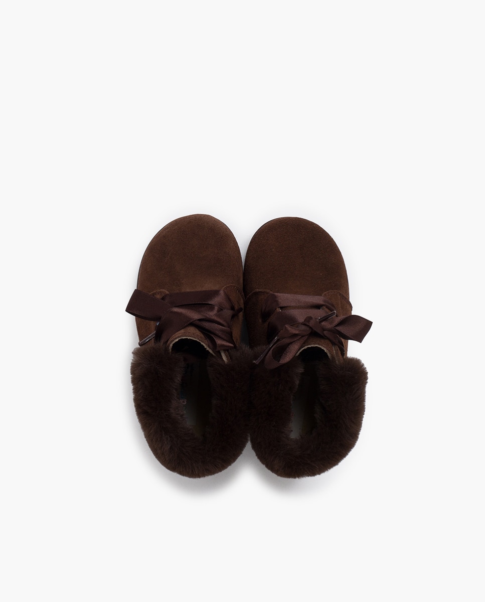Botas de bebé niña en piel serraje con collarín de pelito - Pisamonas - Marrón oscuro Marrón oscuro-4