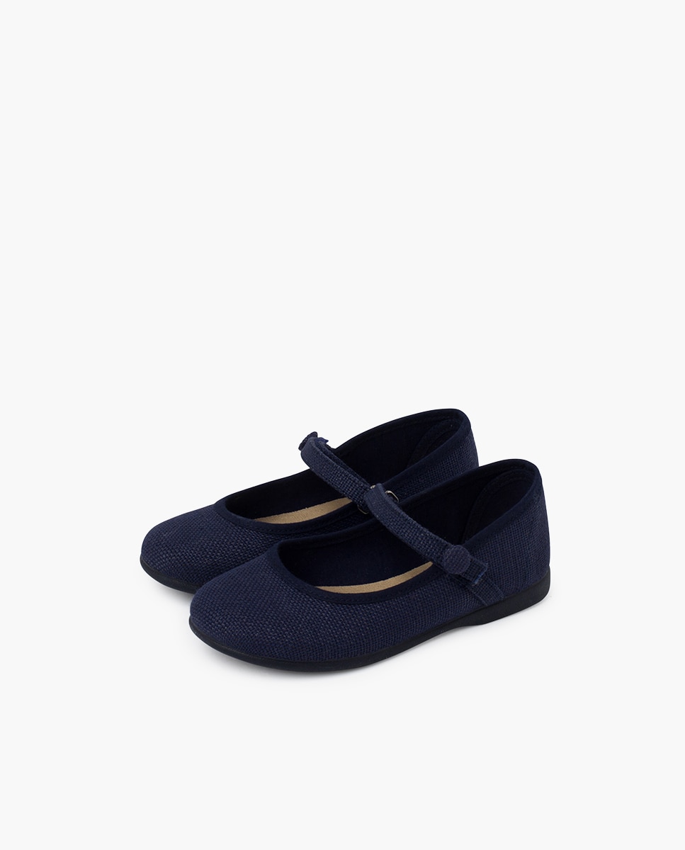 Merceditas de niña de lino con tira adherente y botón - Pisamonas - Azul marino Azul marino-3