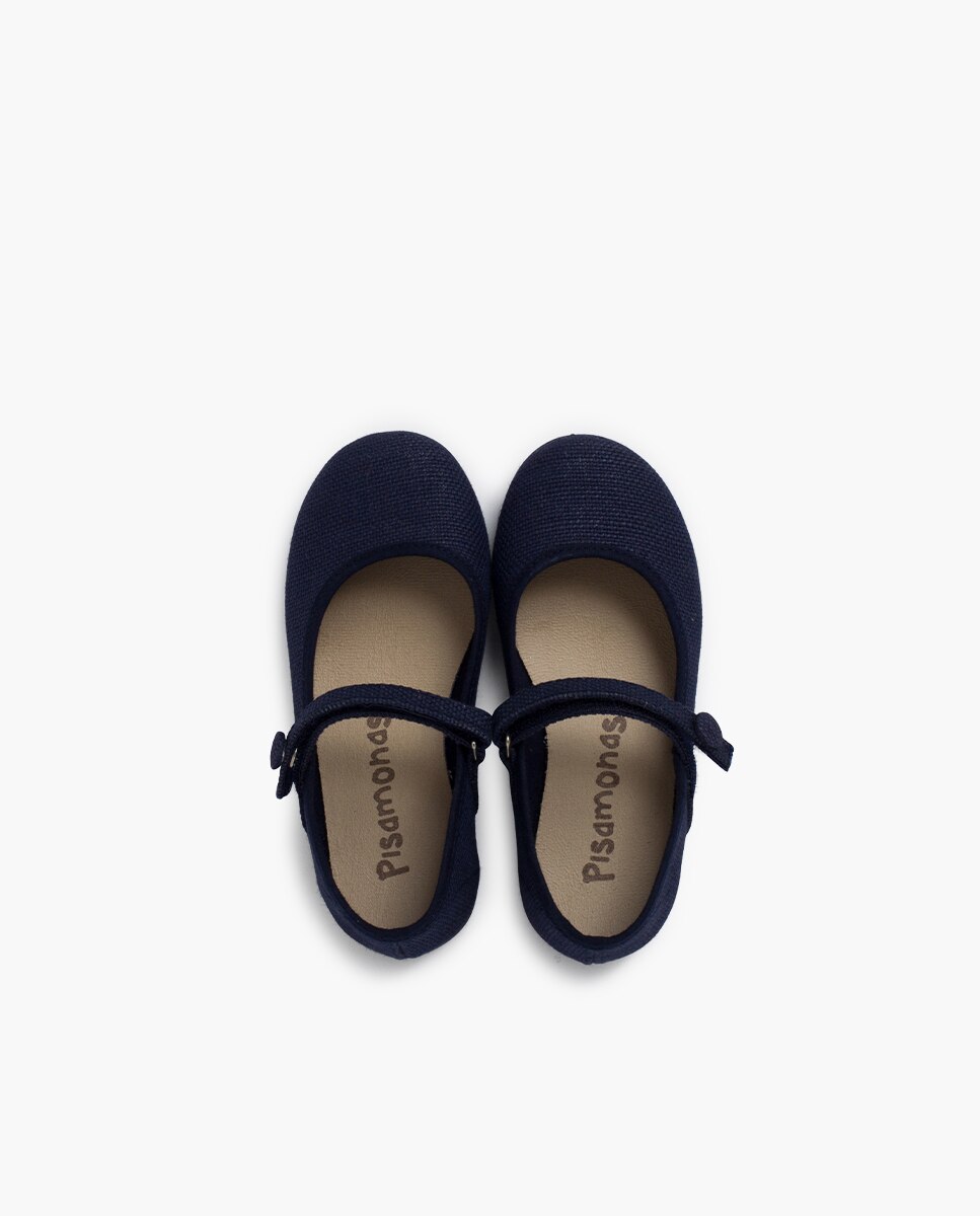 Merceditas de niña de lino con tira adherente y botón - Pisamonas - Azul marino Azul marino-4
