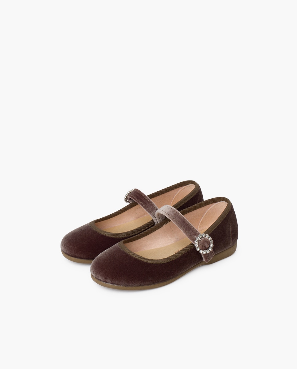 Merceditas Infantil de Veludo com Fivela e Joia Castanho-escuro-3
