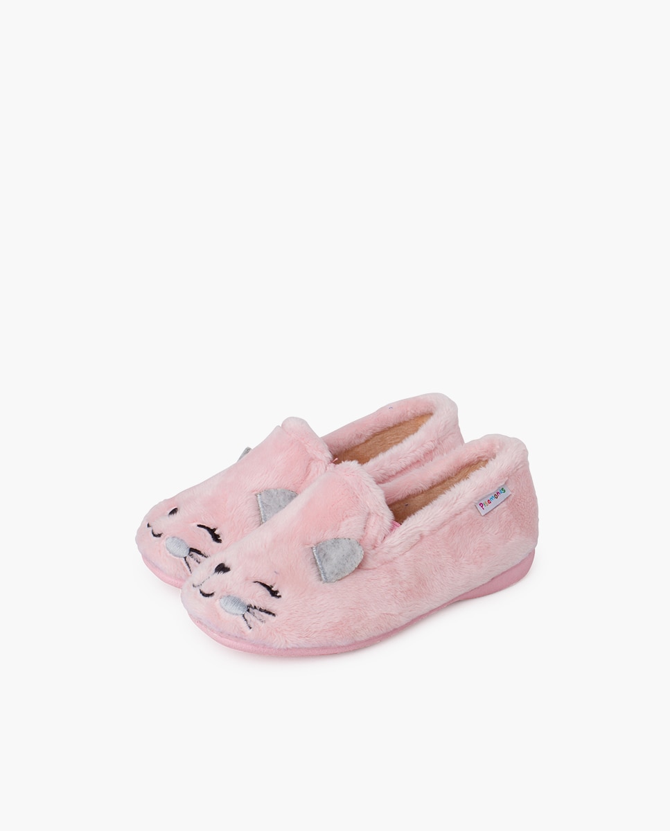 Pantufas Fechadas Infantil com Pelo Suave Gato Rosa-3