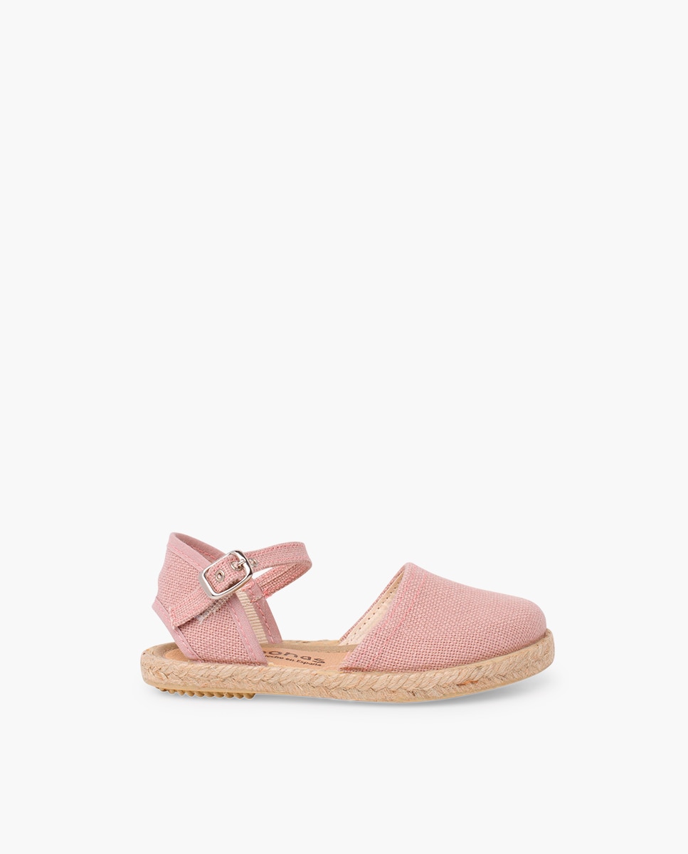 Alpargatas de niña lino suela plana hebilla - Pisamonas - Rosa Rosa-1