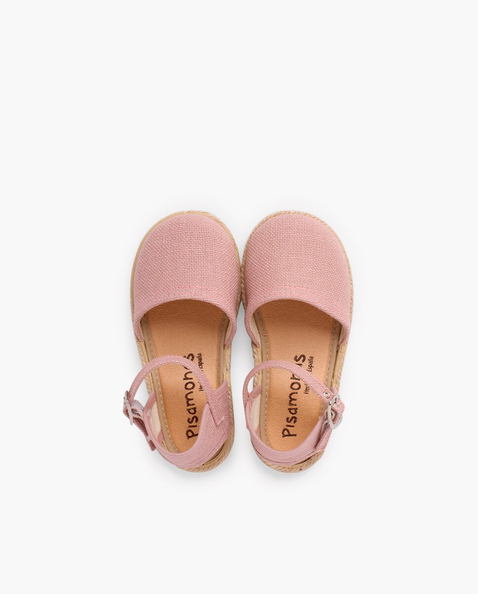 Alpargatas de niña lino suela plana hebilla - Pisamonas - Rosa Rosa-4
