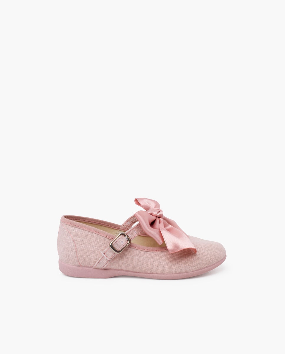 Merceditas de bebé lino ceremonia lazo raso - Pisamonas - Rosa claro Rosa claro-1