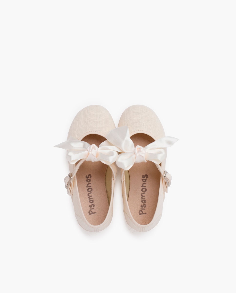 Merceditas de bebé lino ceremonia lazo raso - Pisamonas - Beige Beige-4