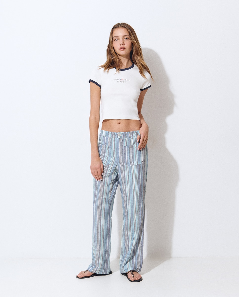 Pantalón recto de mujer de lino a rayas