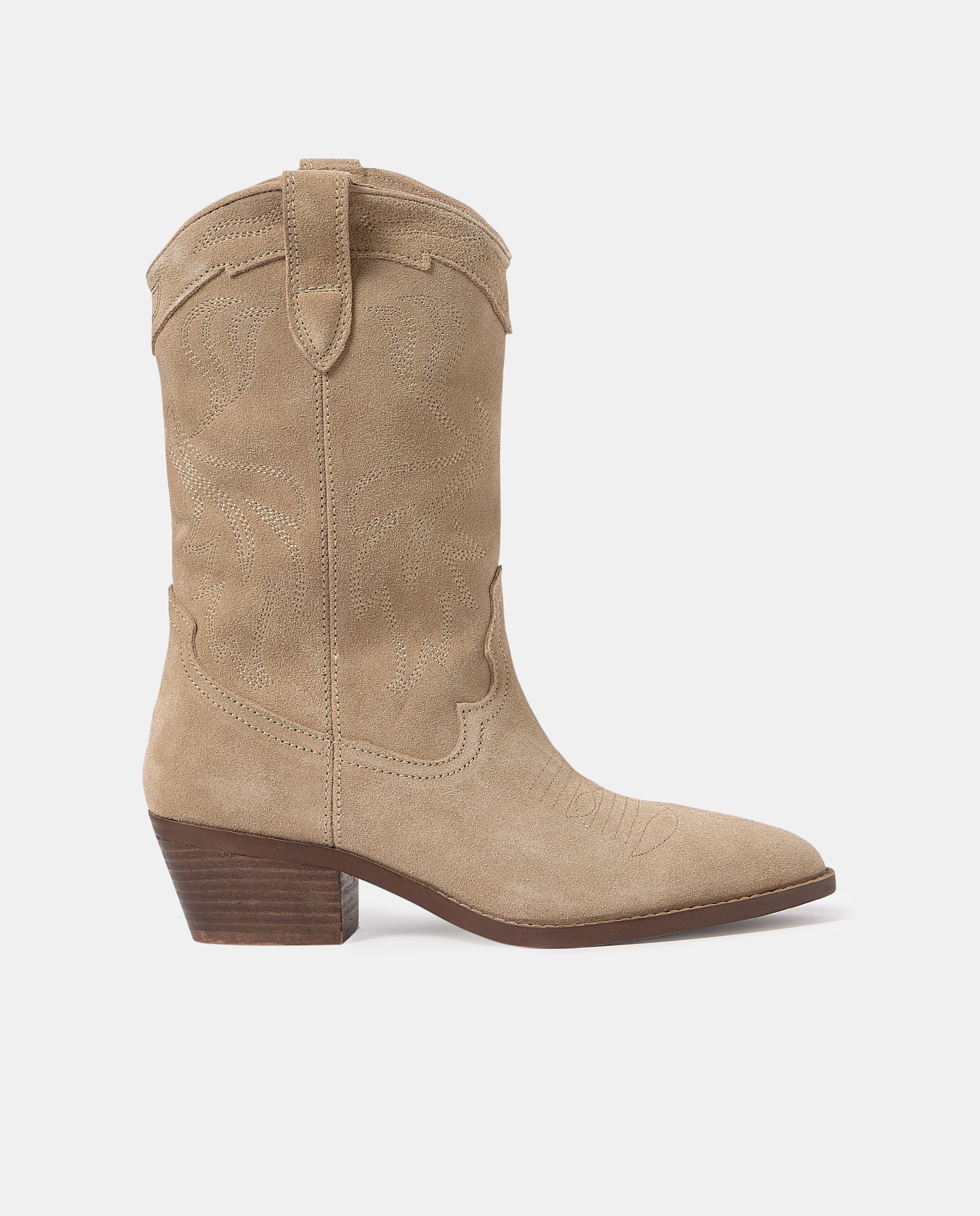 Botas de mujer de piel estilo cowboy con bordados en color arena