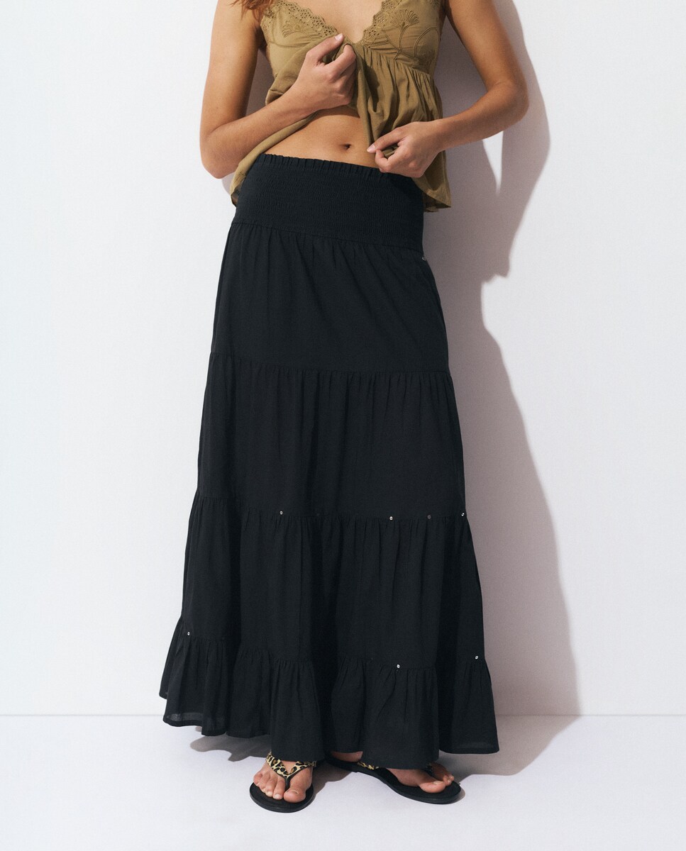 Skirt Falda Negra Volantes Larga Black Pleated Long Skirt