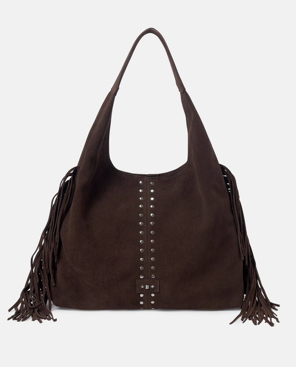 Bolso de hombro de piel color marrón con tachas y flecos · Brownie