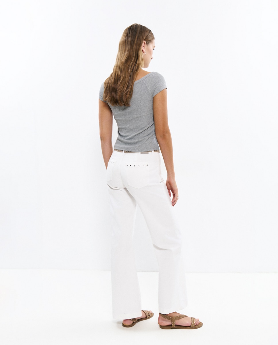 Pantalón recto de mujer con tachas - Brownie - Blanco Blanco-2