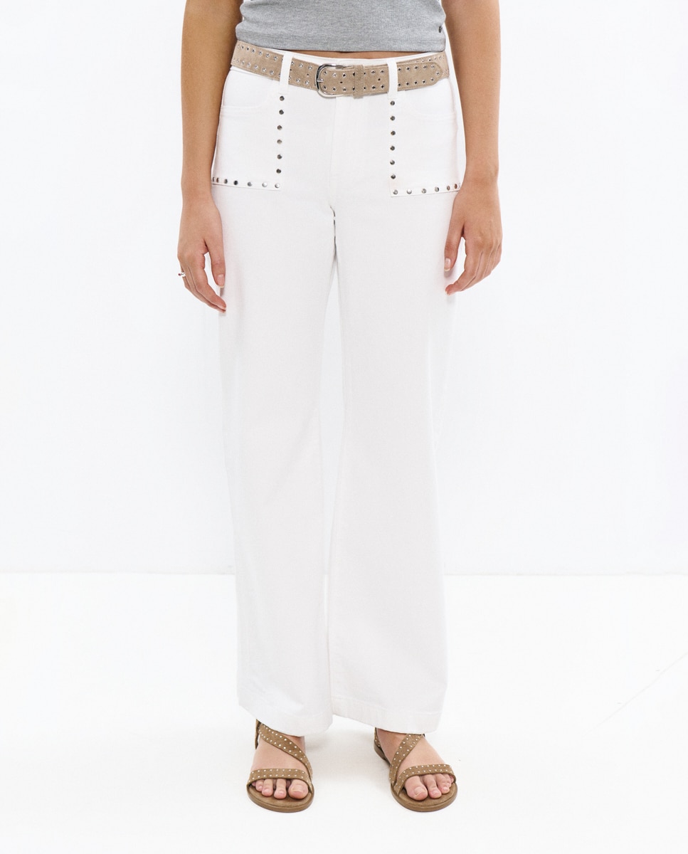 Pantalón recto de mujer con tachas - Brownie - Blanco Blanco-3