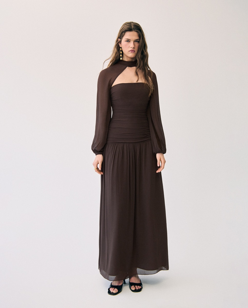 Vestido largo con fruncido - Brownie - Marrón Marrón-1