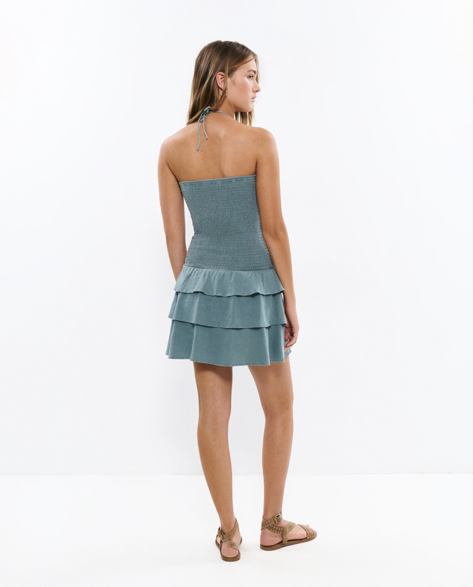 Vestido corto con smock y volantes - Brownie - Verde Verde-2