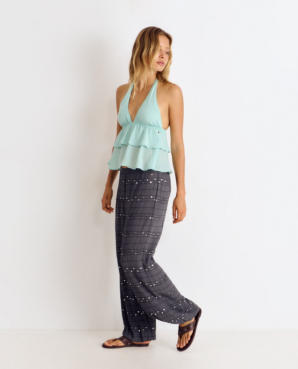 Pantalón ancho de mujer con lentejuelas - Brownie - Antracita Antracita-3