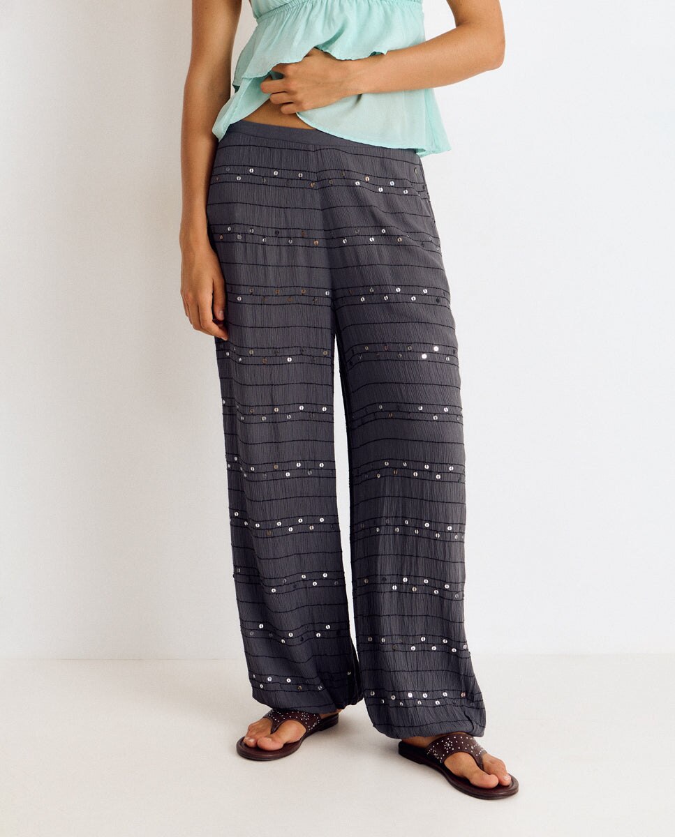 Pantalón ancho de mujer con lentejuelas - Brownie - Antracita Antracita-4