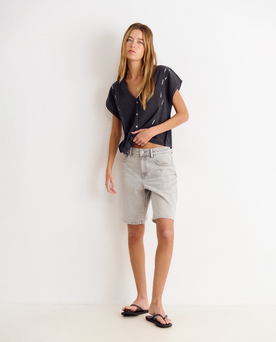 Blusa de mujer con lentejuelas y botones - Brownie - Antracita Antracita-3