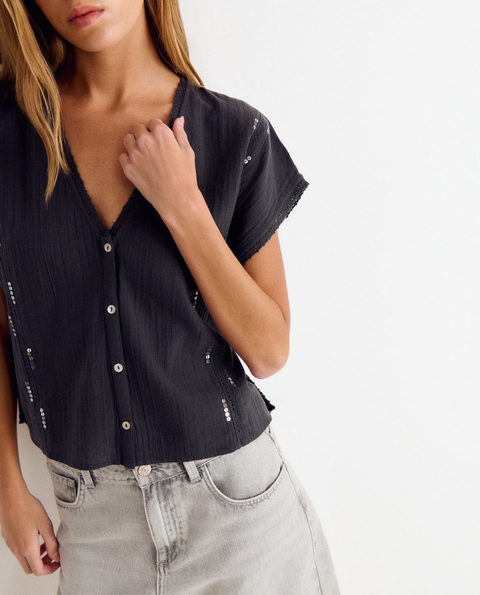 Blusa de mujer con lentejuelas y botones - Brownie - Antracita Antracita-4