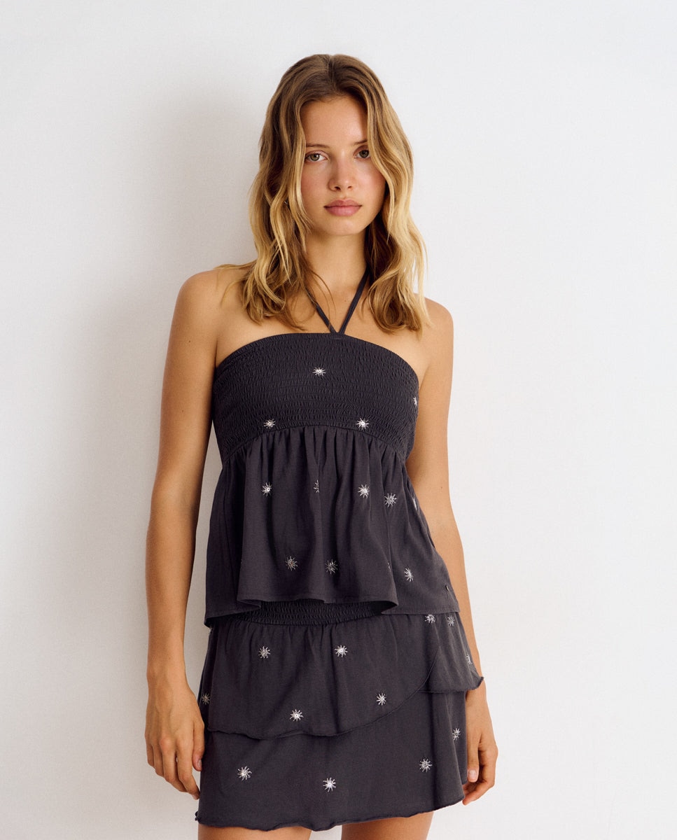 Top de mujer con smock y bordados - Brownie - Gris Gris-1