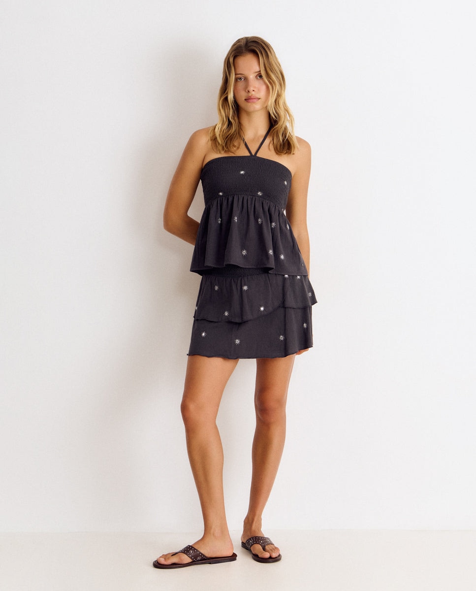 Top de mujer con smock y bordados - Brownie - Gris Gris-3