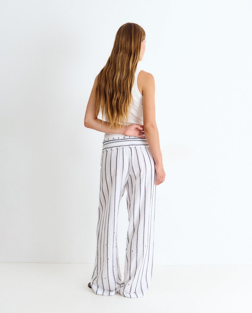 Pantalón largo de mujer de rayas con eyelets - Brownie - Blanco Blanco-2