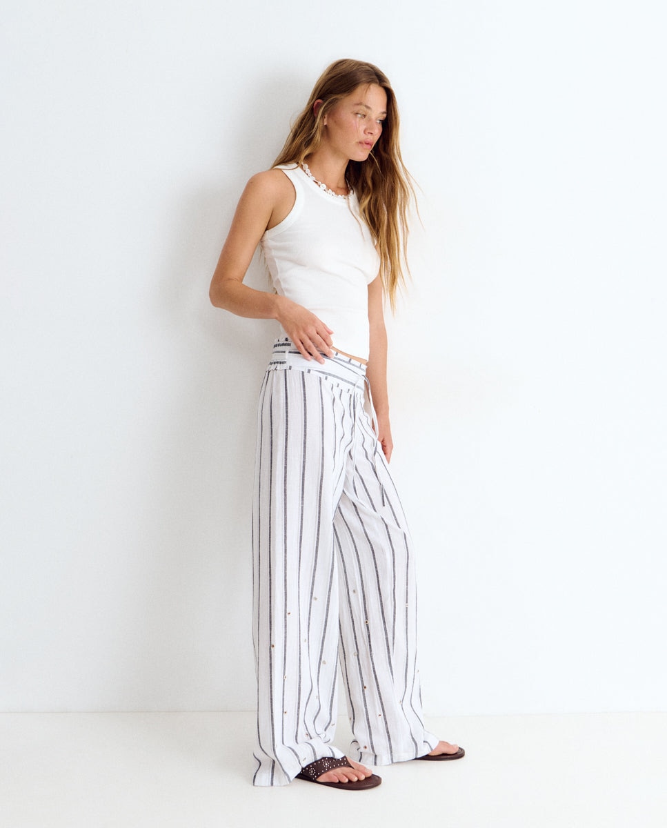 Pantalón largo de mujer de rayas con eyelets - Brownie - Blanco Blanco-3