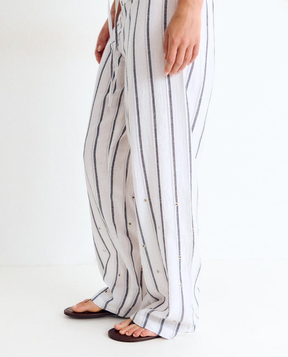 Pantalón largo de mujer de rayas con eyelets - Brownie - Blanco Blanco-4