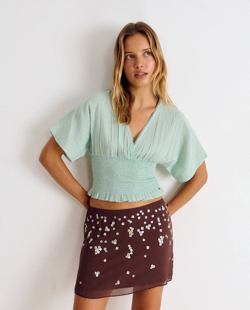 Blusa de mujer con smock y cintura ancha - Brownie - Turquesa Turquesa-1