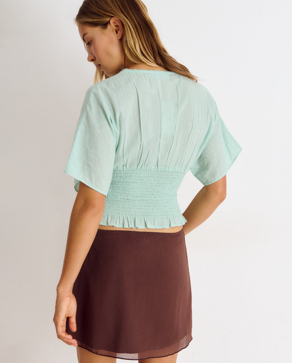 Blusa de mujer con smock y cintura ancha - Brownie - Turquesa Turquesa-2