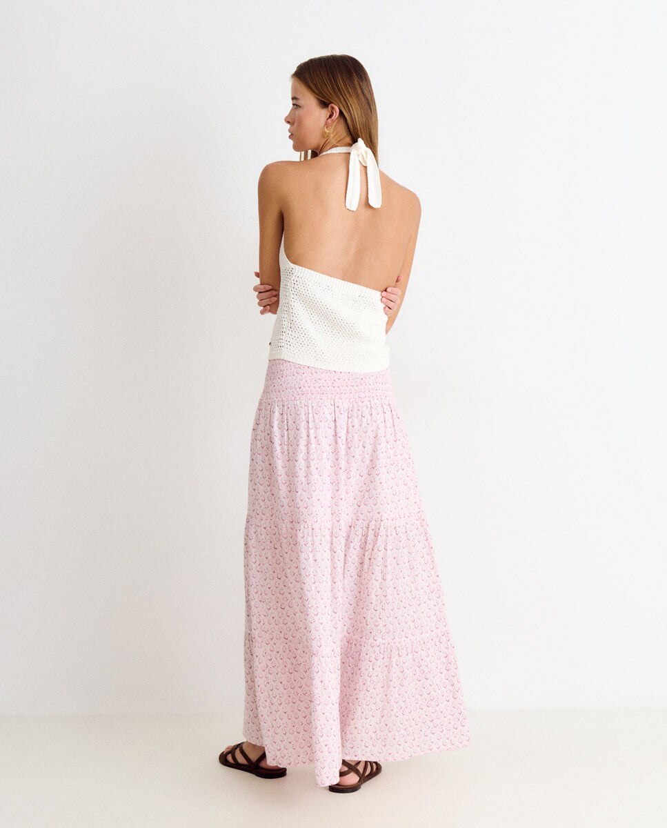 Falda larga estampada con smock y volantes - Brownie - Rosa Rosa-2