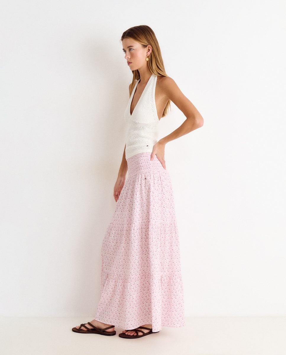 Falda larga estampada con smock y volantes - Brownie - Rosa Rosa-3