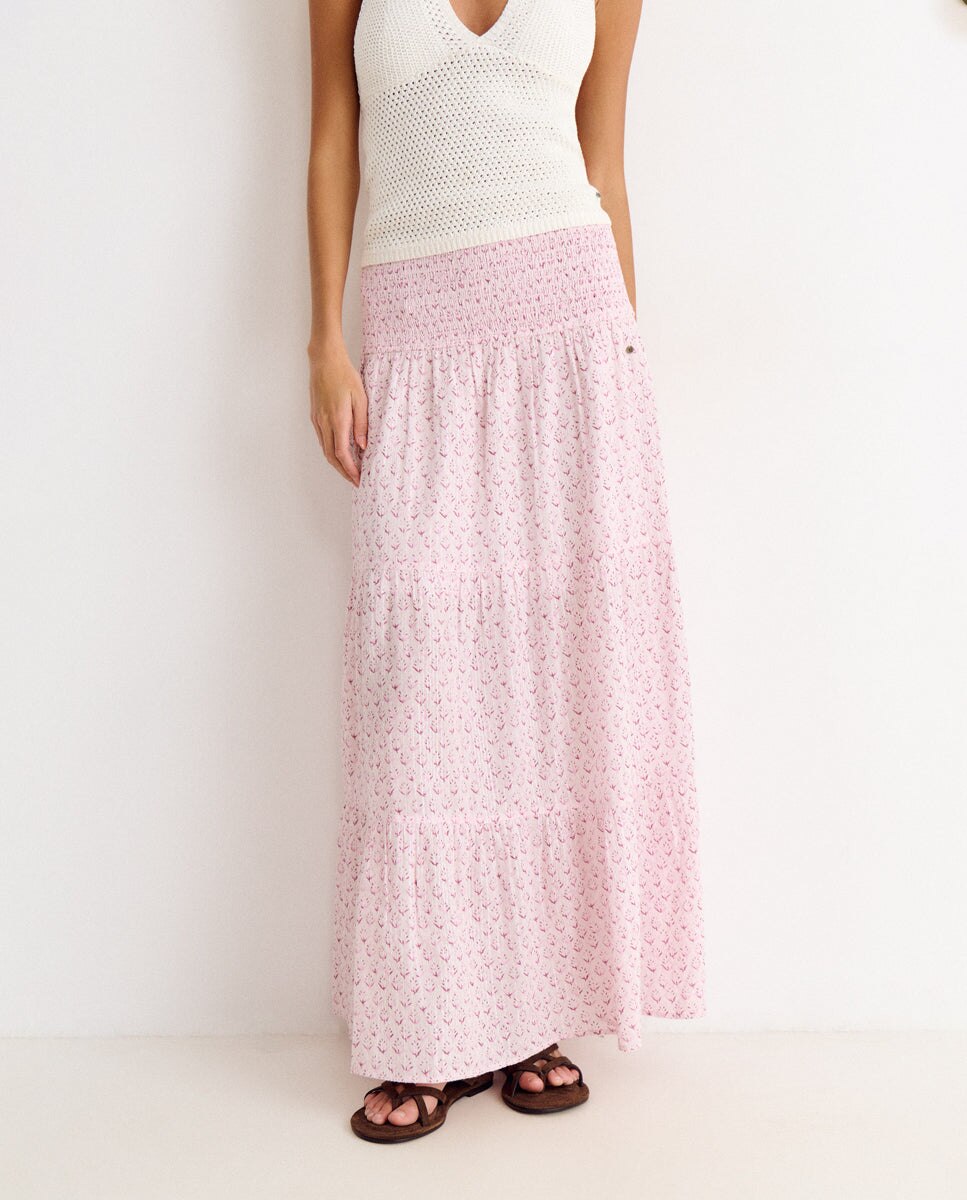 Falda larga estampada con smock y volantes - Brownie - Rosa Rosa-4