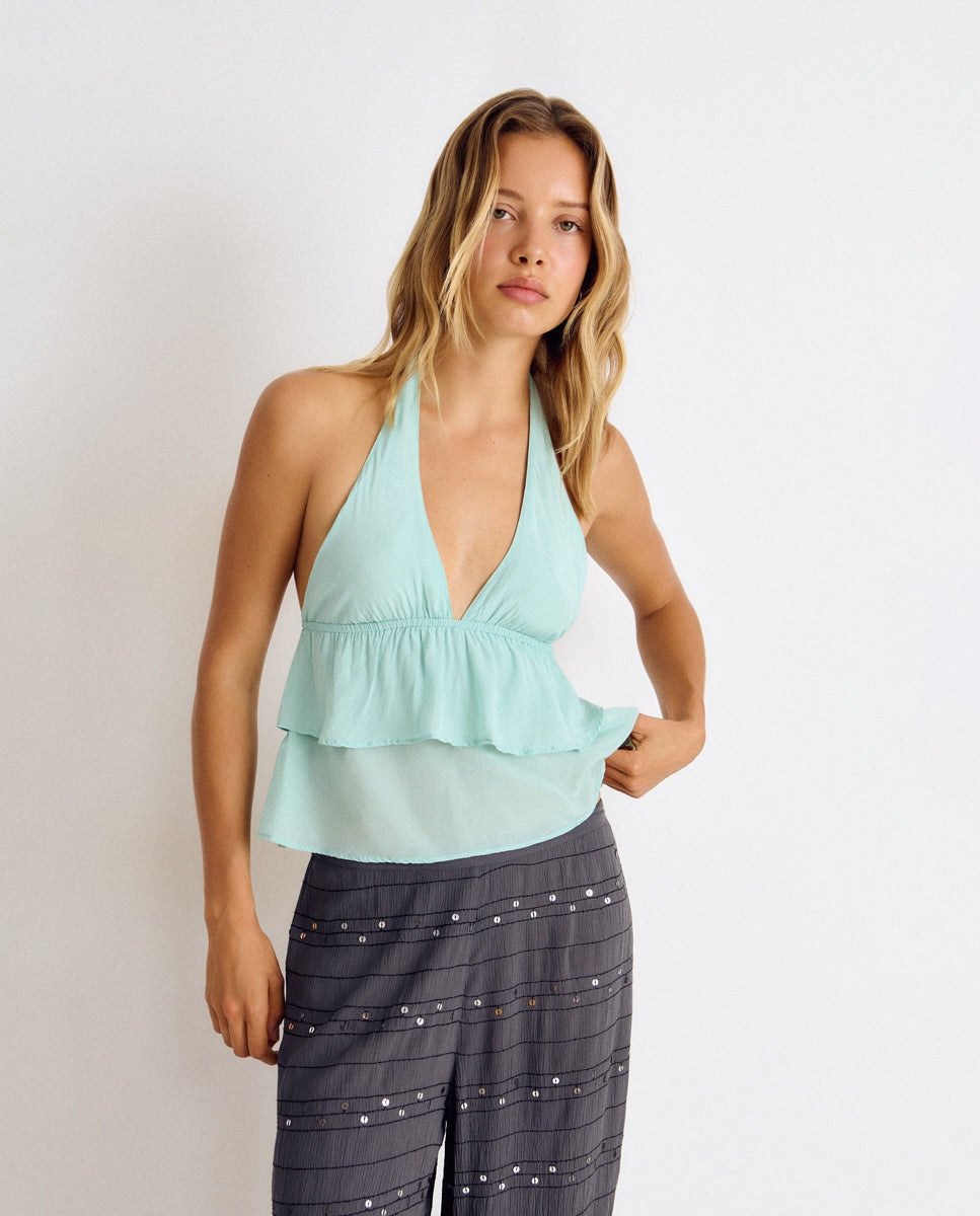 Top de mujer con volantes y cuello halter - Brownie - Turquesa Turquesa-1