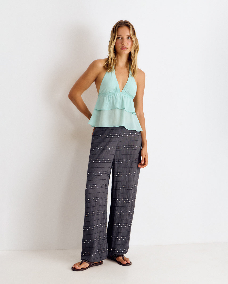 Top de mujer con volantes y cuello halter - Brownie - Turquesa Turquesa-3