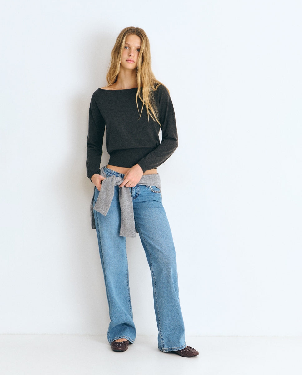 Jersey de mujer con fajín de canalé - Brownie - Gris Gris-3