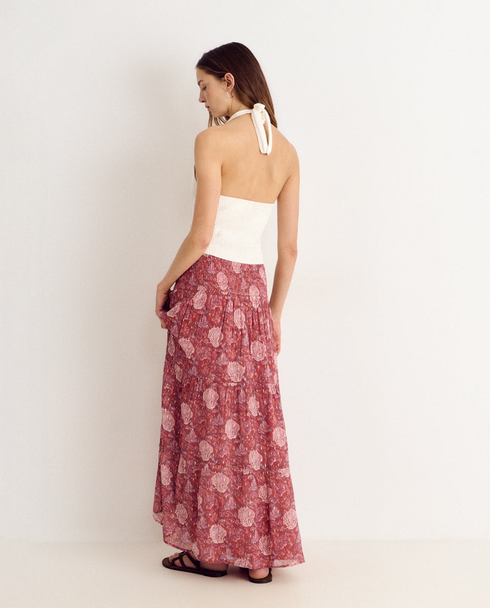 Falda larga con smock y estampado - Brownie - Rosa Rosa-2
