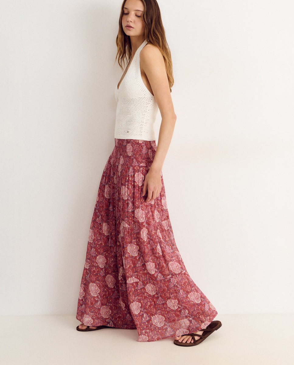 Falda larga con smock y estampado - Brownie - Rosa Rosa-3