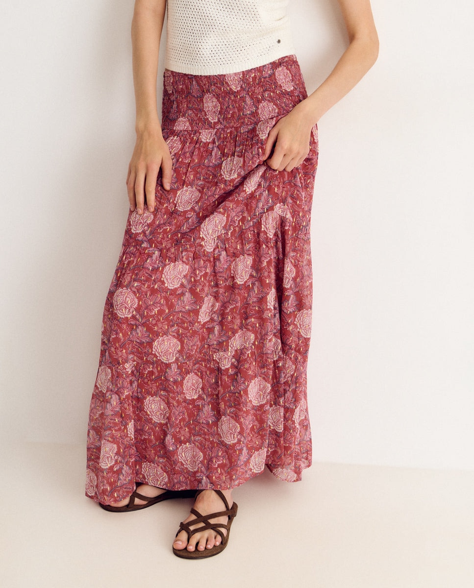 Falda larga con smock y estampado - Brownie - Rosa Rosa-4