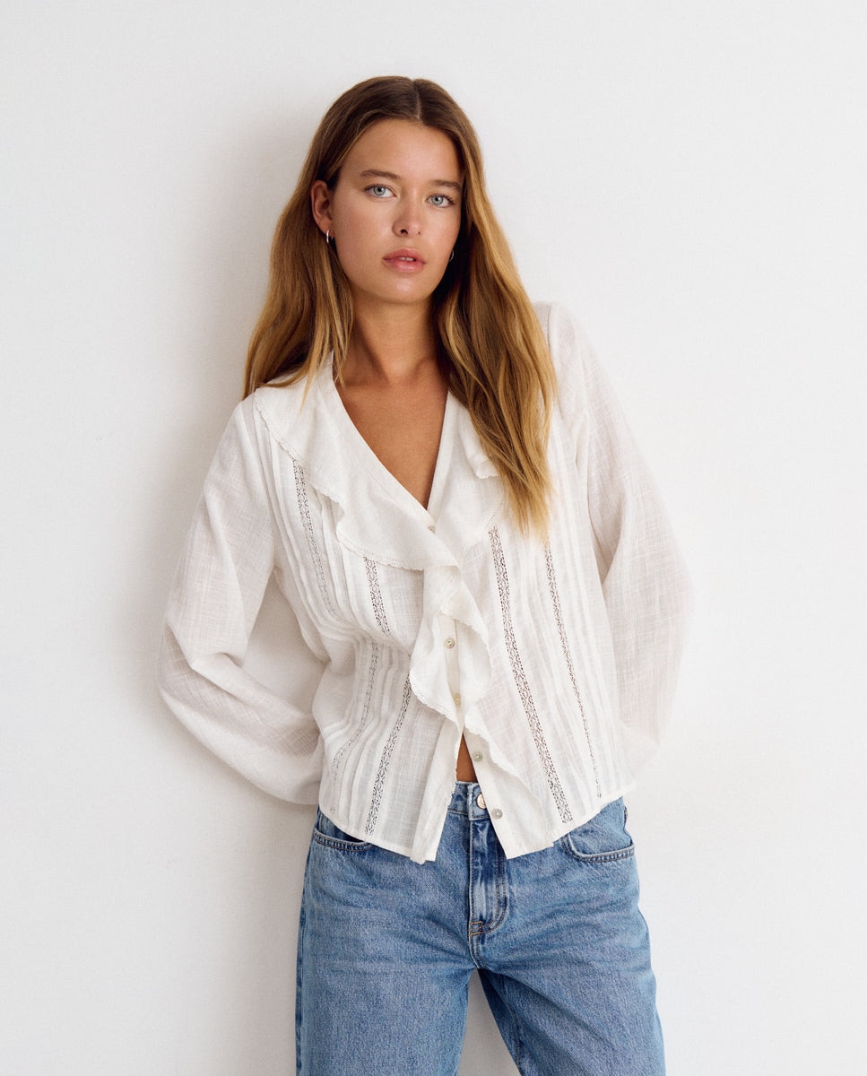Blusa de mujer con volantes y lurex - Brownie - Blanco Blanco-1
