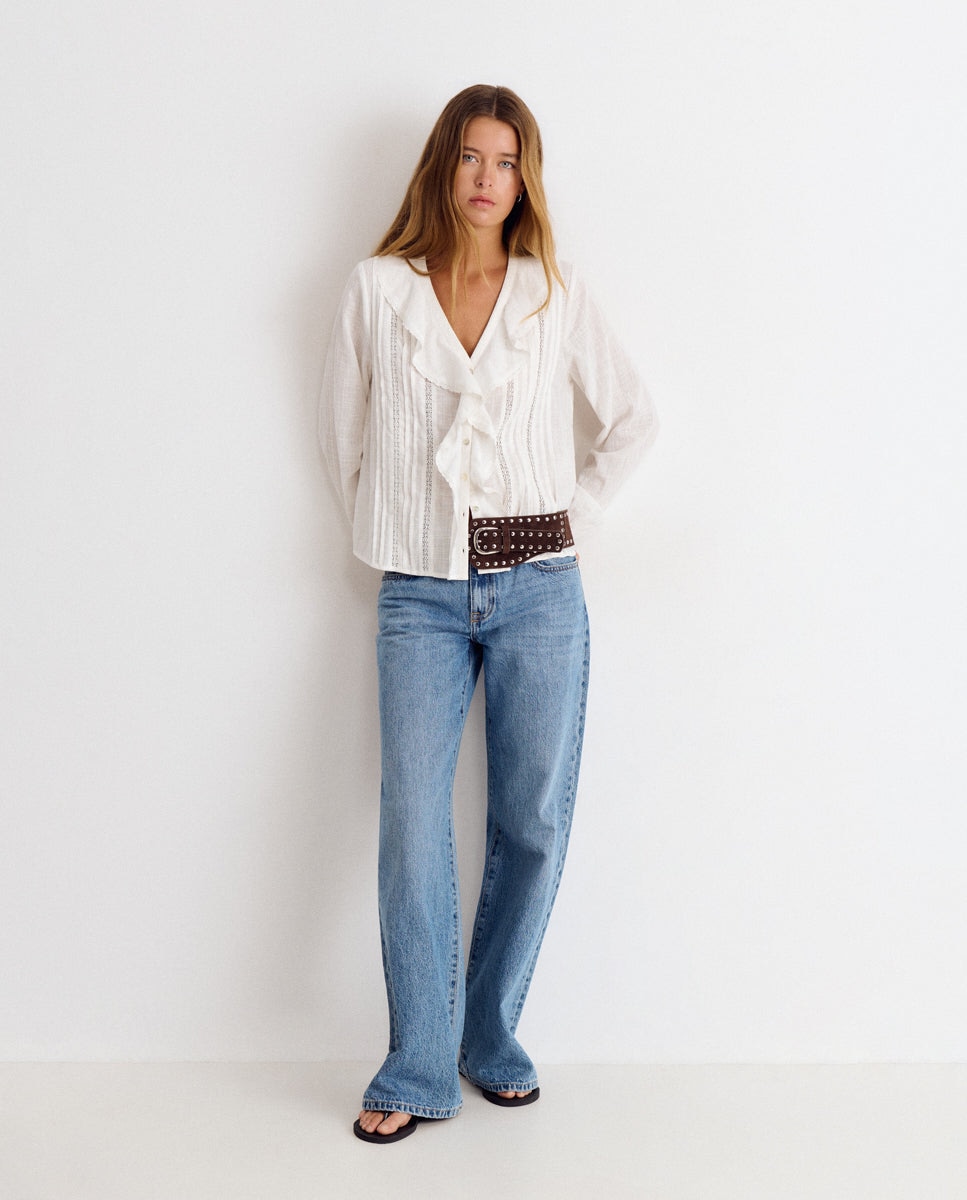 Blusa de mujer con volantes y lurex - Brownie - Blanco Blanco-3